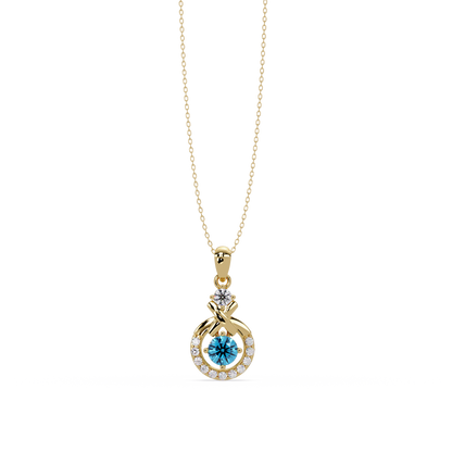 0.6 CTW Round Infinity Halo Colorstone Pendant Necklace - Aquamarine Sky Blue - 14K Yellow Gold