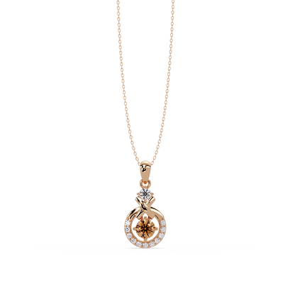 0.6 CTW Round Infinity Halo Colorstone Pendant Necklace - Champagne Topaz Amber - 14K Rose Gold