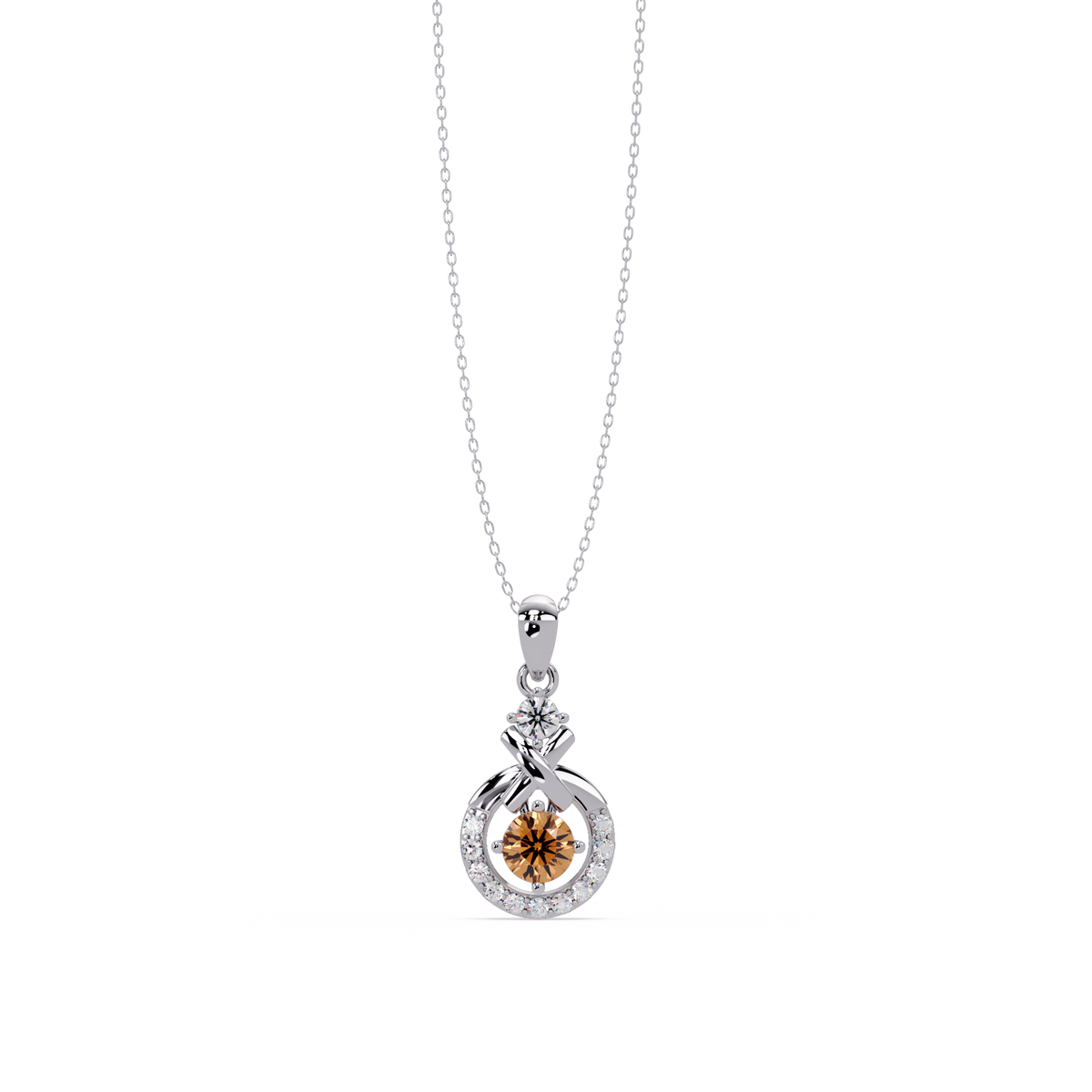 0.6 CTW Round Infinity Halo Colorstone Pendant Necklace - Champagne Topaz Amber - 14K White Gold