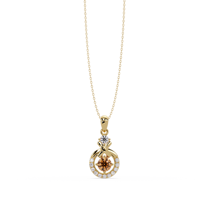 0.6 CTW Round Infinity Halo Colorstone Pendant Necklace - Champagne Topaz Amber - 14K Yellow Gold
