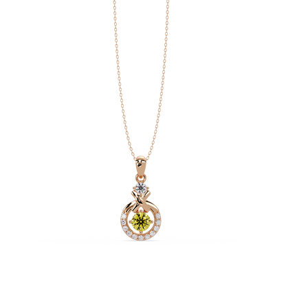 0.6 CTW Round Infinity Halo Colorstone Pendant Necklace - Citrine Lemon Yellow - 14K Rose Gold