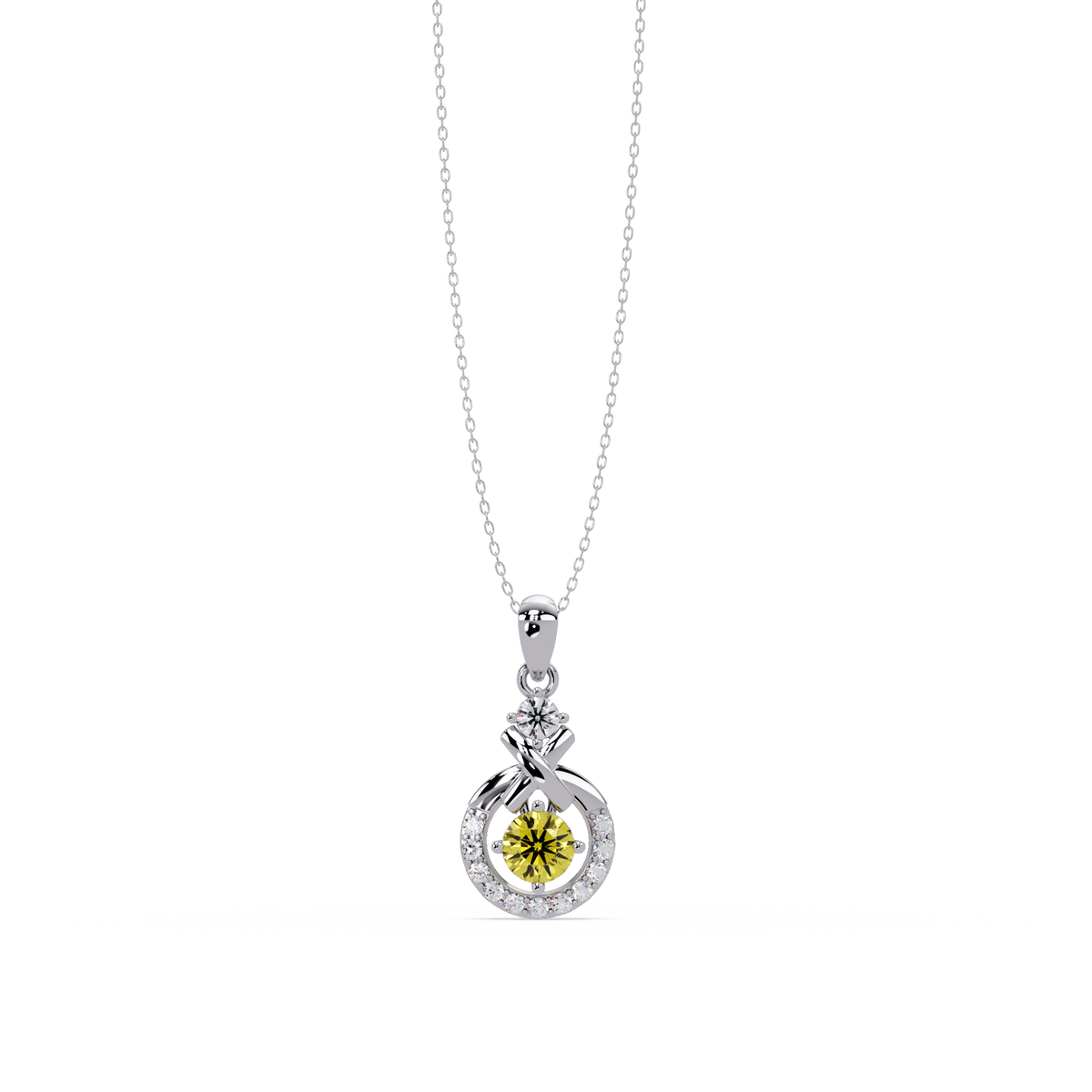 0.6 CTW Round Infinity Halo Colorstone Pendant Necklace - Citrine Lemon Yellow - 14K White Gold