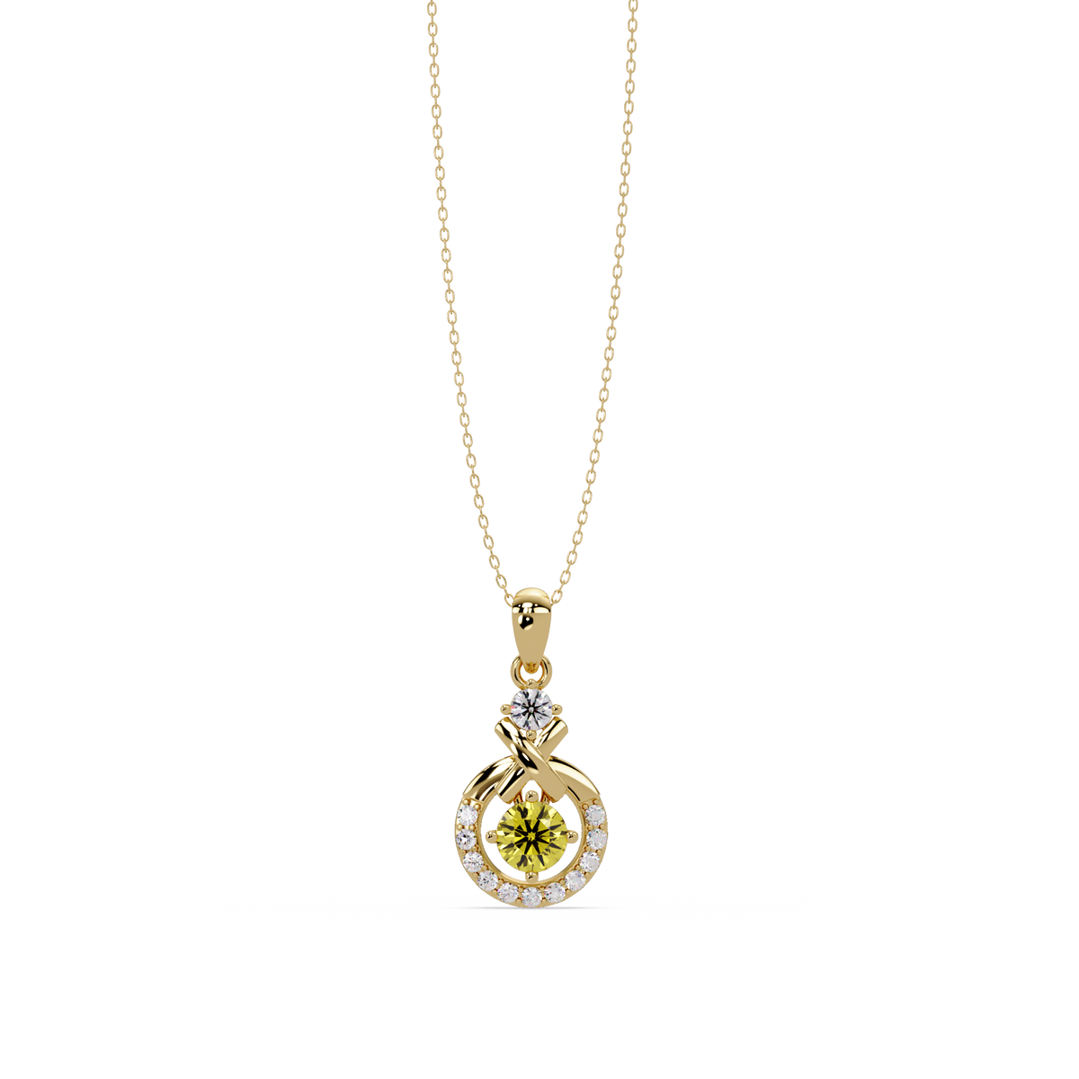 0.6 CTW Round Infinity Halo Colorstone Pendant Necklace - Citrine Lemon Yellow - 14K Yellow Gold