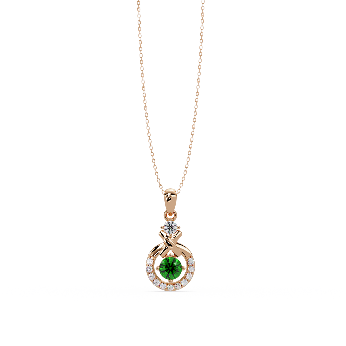 0.6 CTW Round Infinity Halo Colorstone Pendant Necklace - Emerald Deep Green - 14K Rose Gold