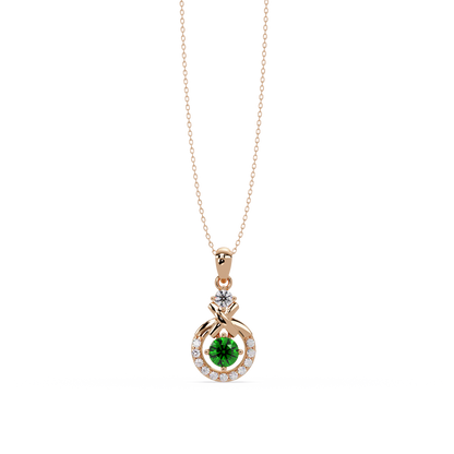 0.6 CTW Round Infinity Halo Colorstone Pendant Necklace - Emerald Deep Green - 14K Rose Gold