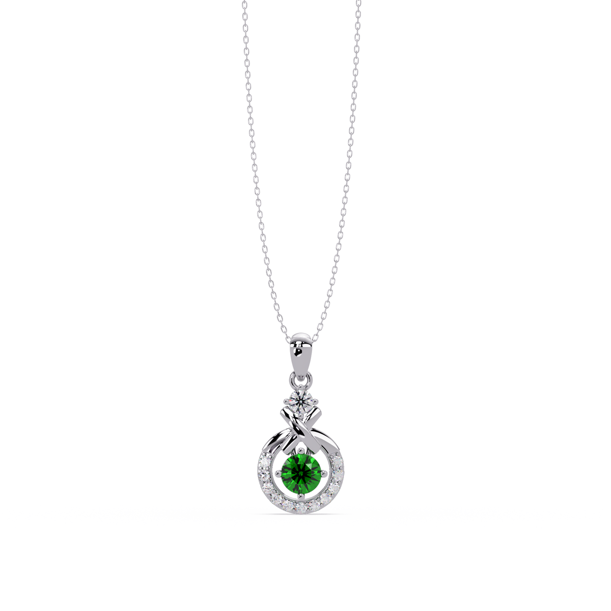 0.6 CTW Round Infinity Halo Colorstone Pendant Necklace - Emerald Deep Green - 14K White Gold