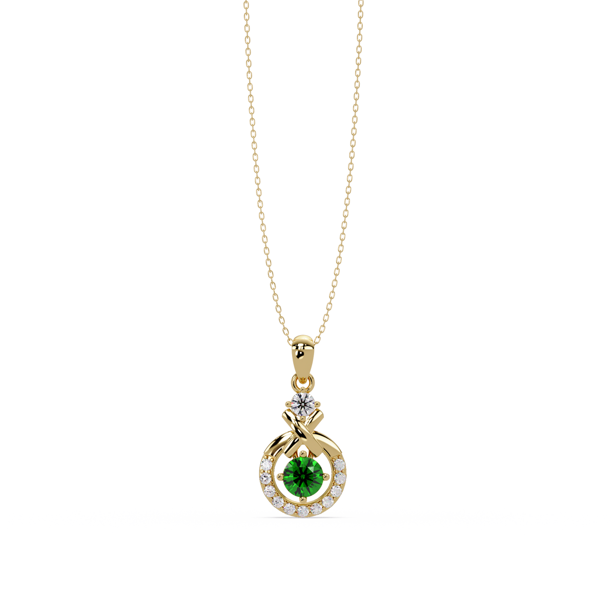 0.6 CTW Round Infinity Halo Colorstone Pendant Necklace - Emerald Deep Green - 14K Yellow Gold