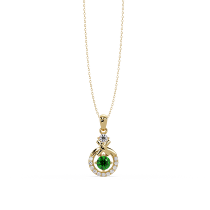 0.6 CTW Round Infinity Halo Colorstone Pendant Necklace - Emerald Deep Green - 14K Yellow Gold