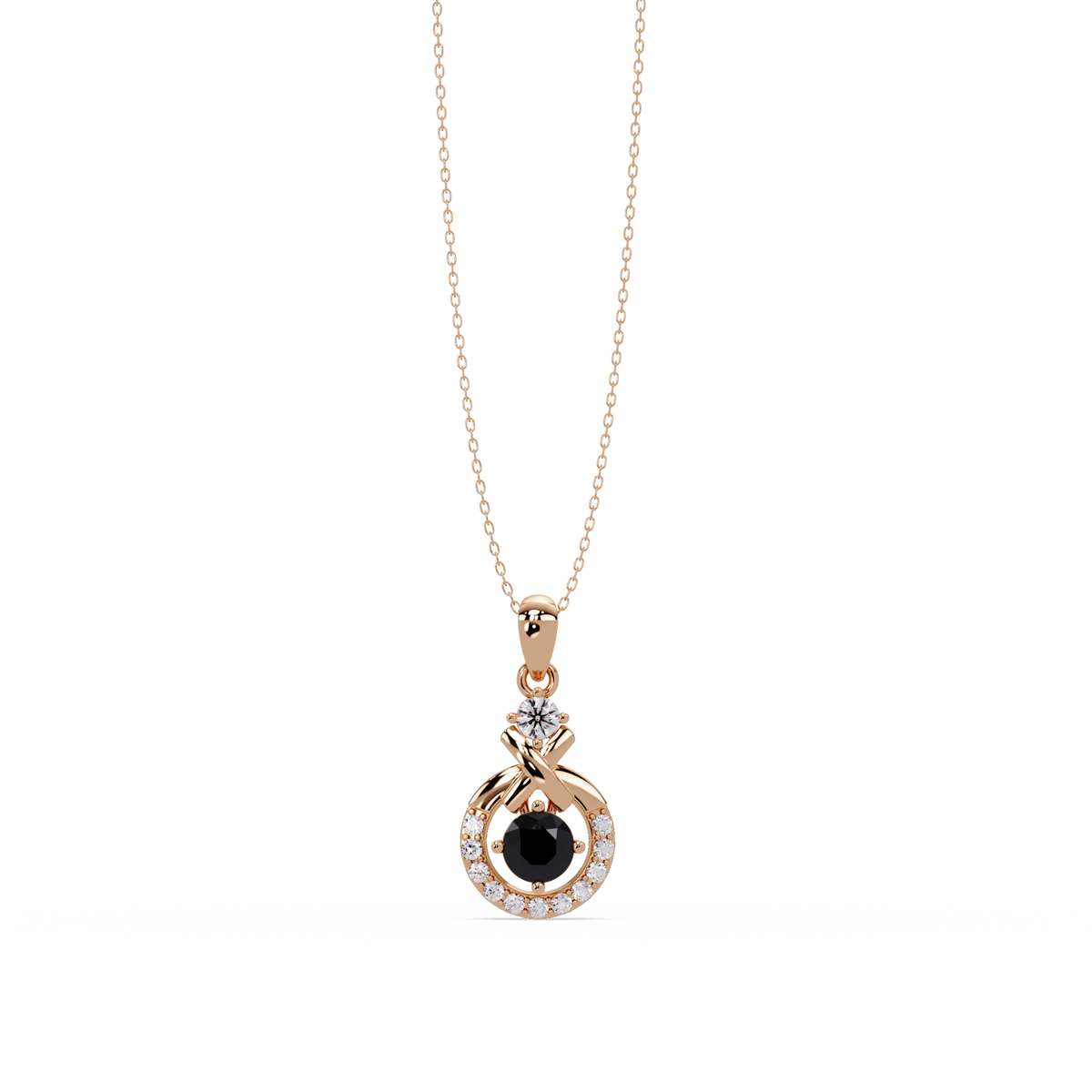 0.6 CTW Round Infinity Halo Colorstone Pendant Necklace - Onyx Black - 14K Rose Gold