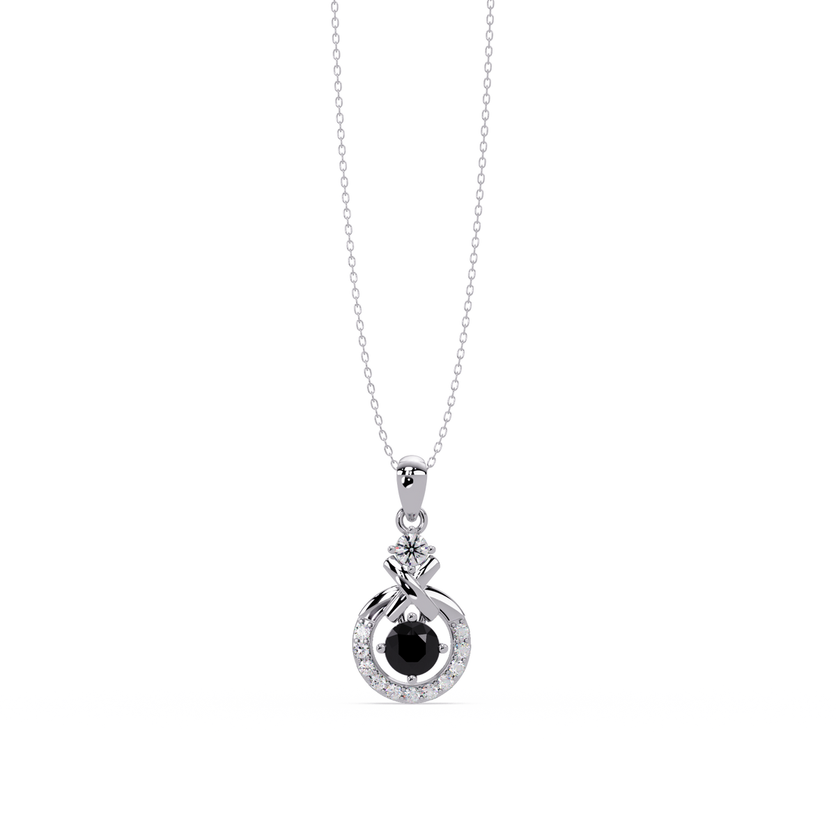 0.6 CTW Round Infinity Halo Colorstone Pendant Necklace - Onyx Black - 14K White Gold