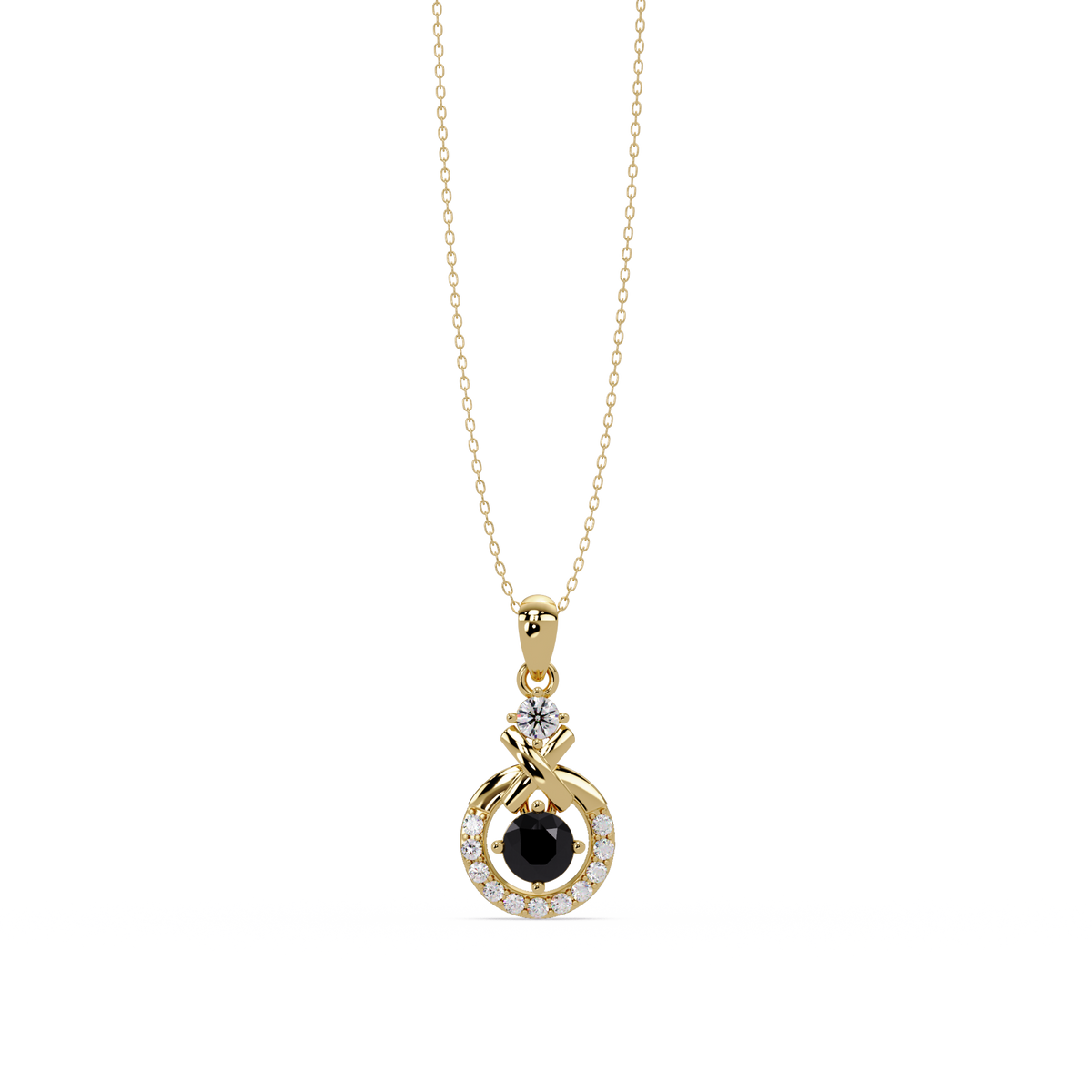 0.6 CTW Round Infinity Halo Colorstone Pendant Necklace - Onyx Black - 14K Yellow Gold