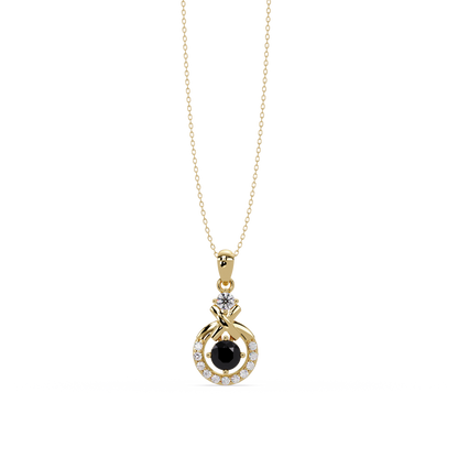 0.6 CTW Round Infinity Halo Colorstone Pendant Necklace - Onyx Black - 14K Yellow Gold