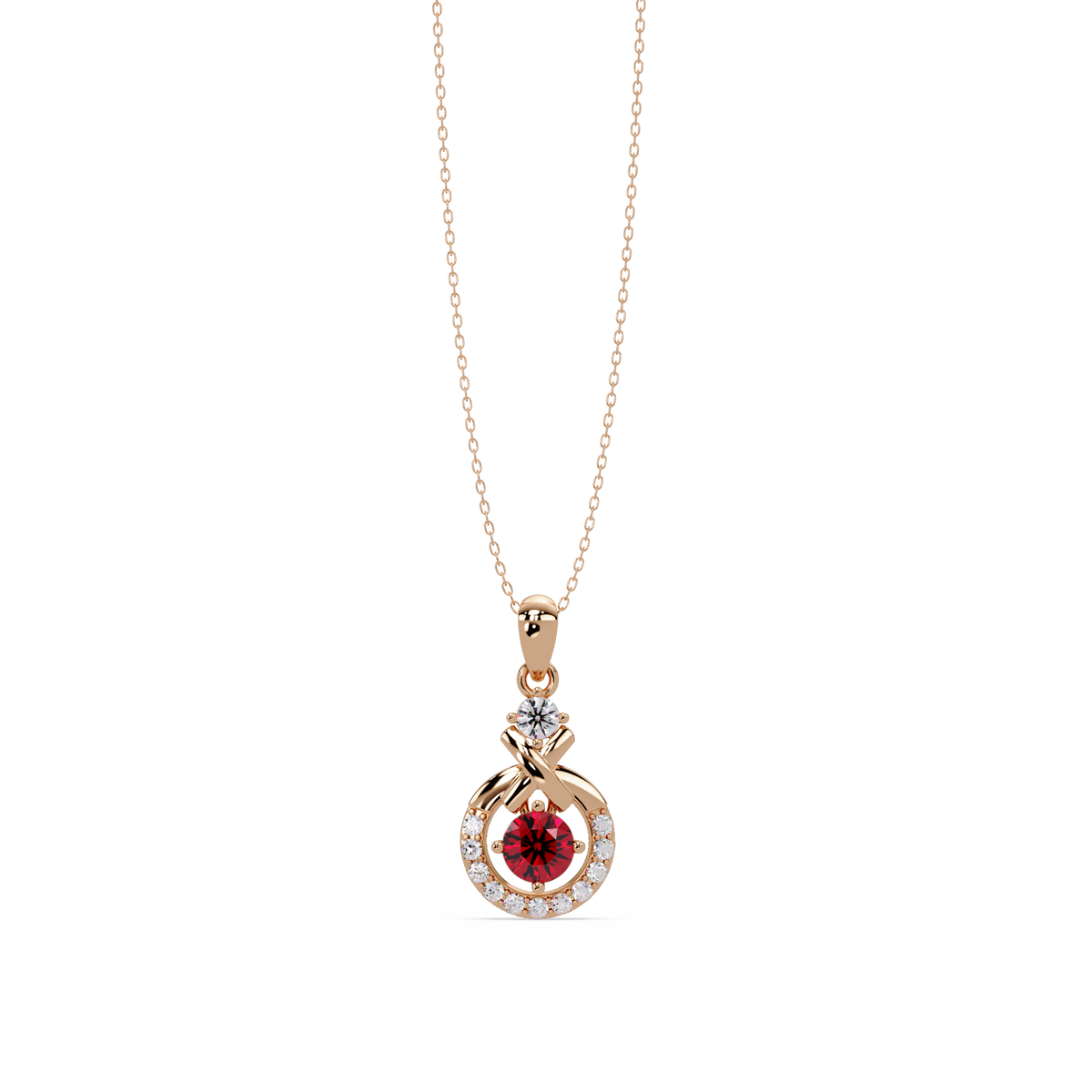 0.6 CTW Round Infinity Halo Colorstone Pendant Necklace - Ruby Deep Red - 14K Rose Gold