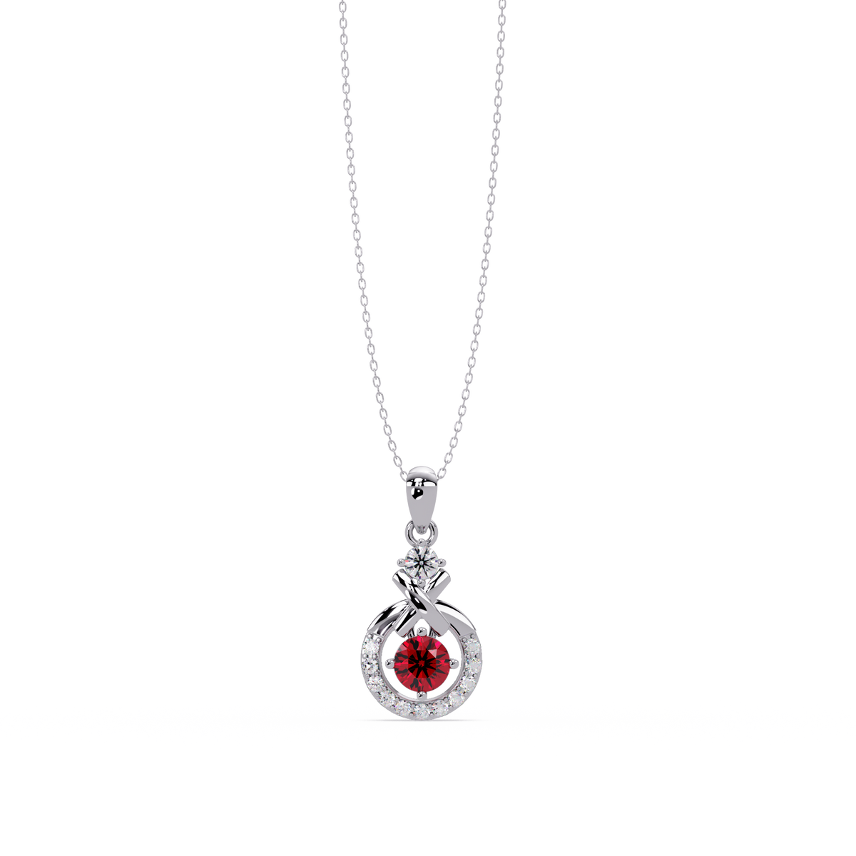 0.6 CTW Round Infinity Halo Colorstone Pendant Necklace - Ruby Deep Red - 14K White Gold