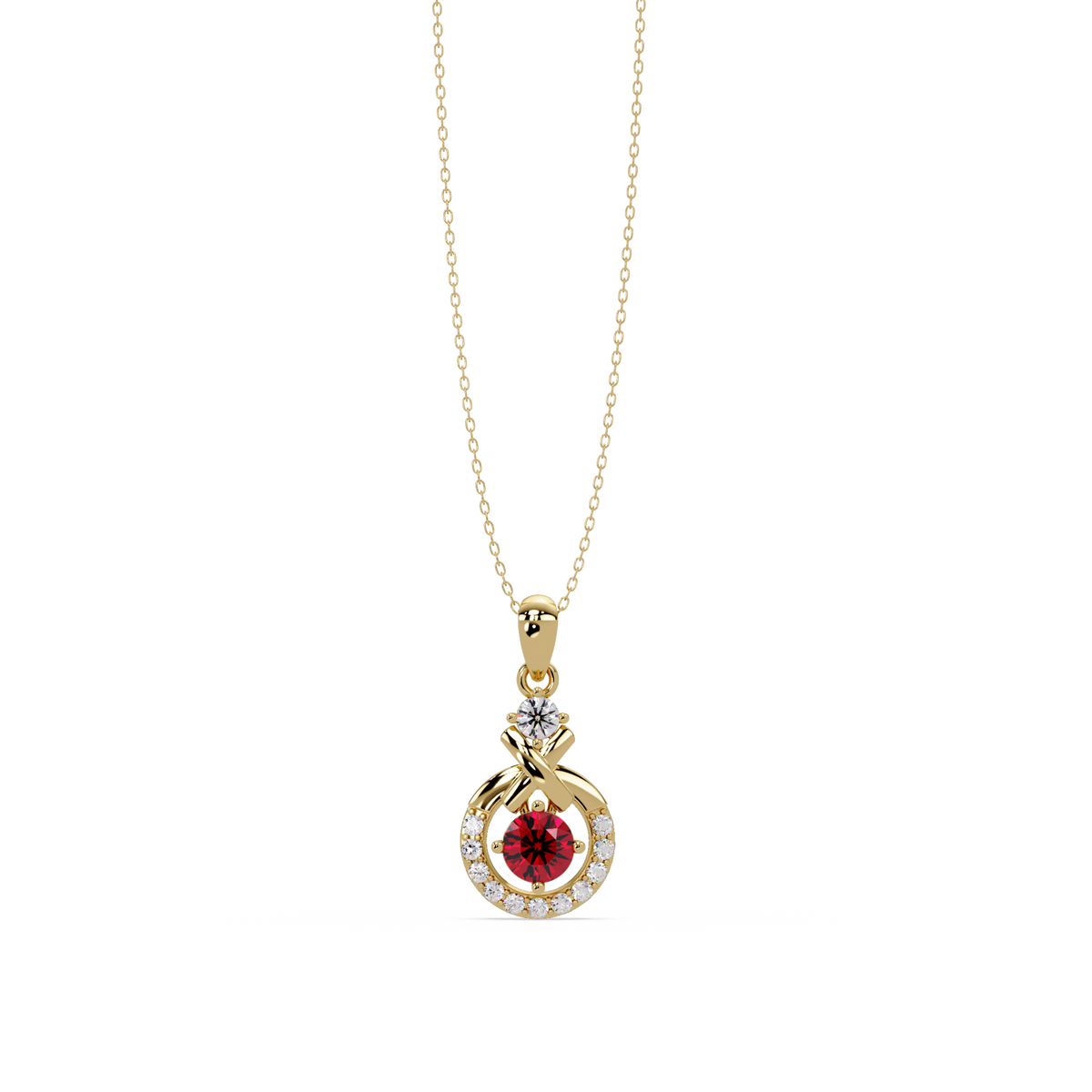 0.6 CTW Round Infinity Halo Colorstone Pendant Necklace - Ruby Deep Red - 14K Yellow Gold