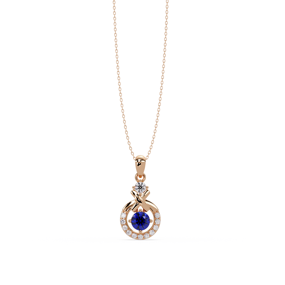 0.6 CTW Round Infinity Halo Colorstone Pendant Necklace - Sapphire Royal Blue - 14K Rose Gold