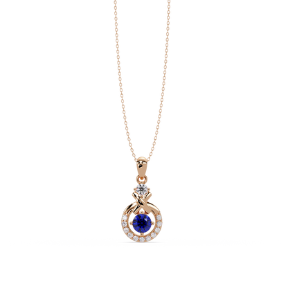0.6 CTW Round Infinity Halo Colorstone Pendant Necklace - Sapphire Royal Blue - 14K Rose Gold