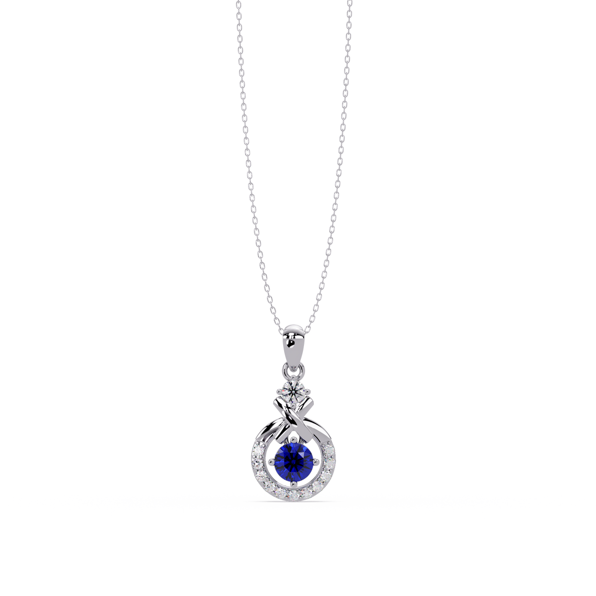 0.6 CTW Round Infinity Halo Colorstone Pendant Necklace - Sapphire Royal Blue - 14K White Gold
