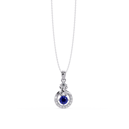 0.6 CTW Round Infinity Halo Colorstone Pendant Necklace - Sapphire Royal Blue - 14K White Gold