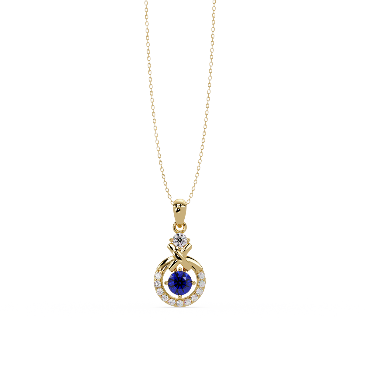 0.6 CTW Round Infinity Halo Colorstone Pendant Necklace - Sapphire Royal Blue - 14K Yellow Gold