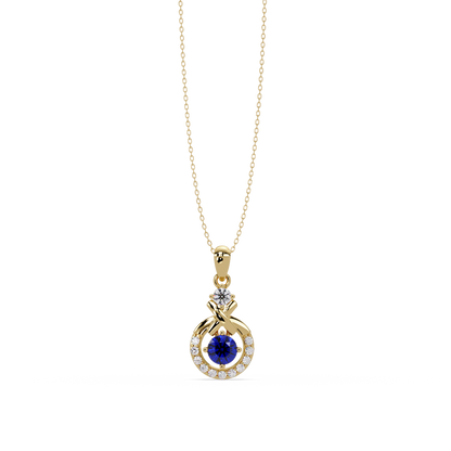 0.6 CTW Round Infinity Halo Colorstone Pendant Necklace - Sapphire Royal Blue - 14K Yellow Gold