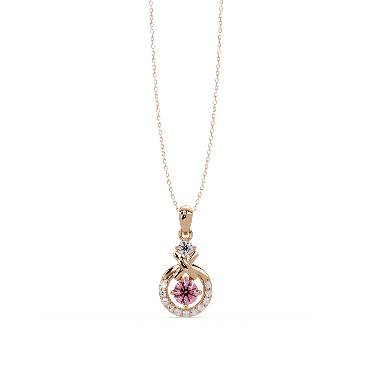 0.6 CTW Round Infinity Halo Colorstone Pendant Necklace - Tourmaline Rose Pink - 14K Rose Gold