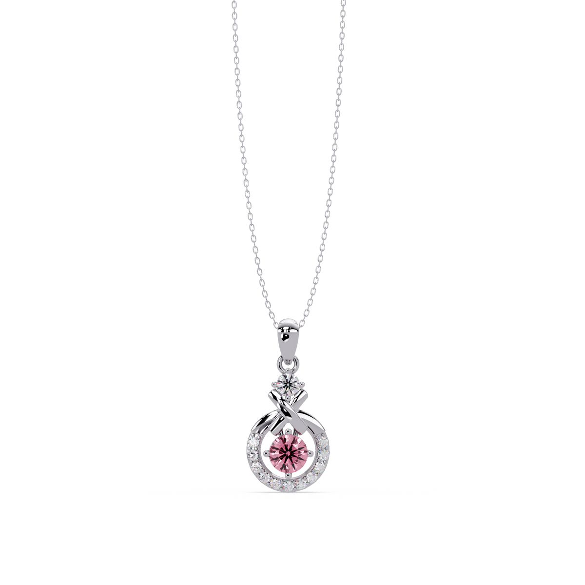 0.6 CTW Round Infinity Halo Colorstone Pendant Necklace - Tourmaline Rose Pink - 14K White Gold