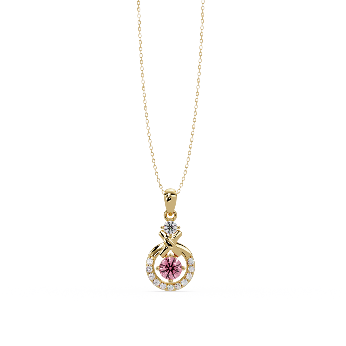 0.6 CTW Round Infinity Halo Colorstone Pendant Necklace - Tourmaline Rose Pink - 14K Yellow Gold