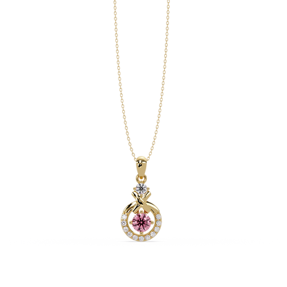 0.6 CTW Round Infinity Halo Colorstone Pendant Necklace - Tourmaline Rose Pink - 14K Yellow Gold
