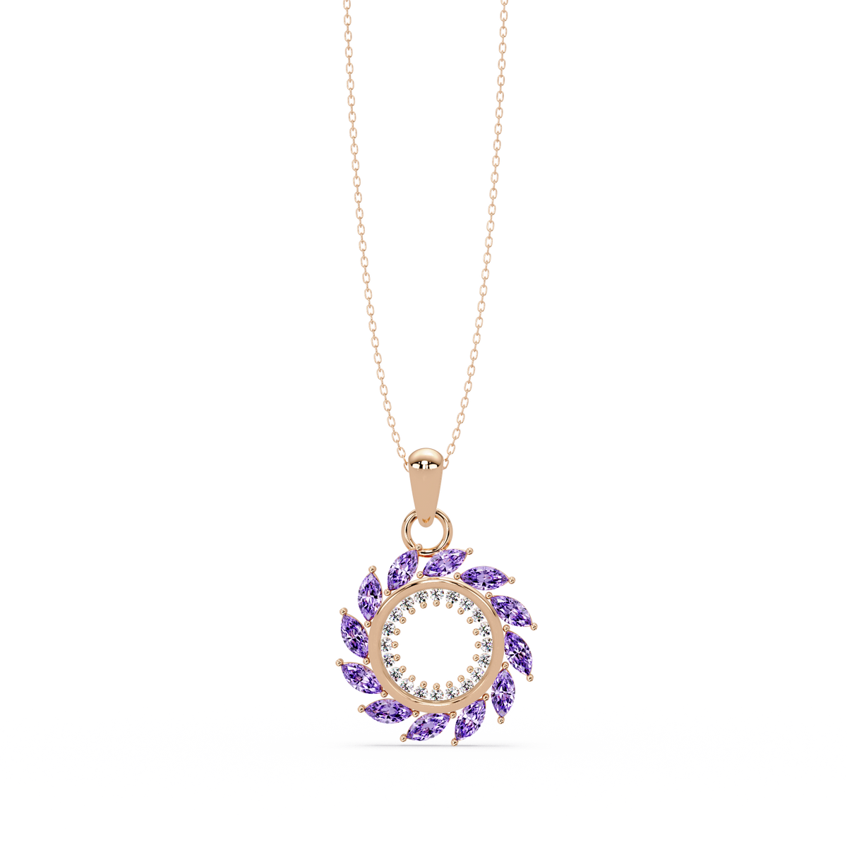 1.6 CTW Marquise Sunburst Open Circle Colorstone Pendant Necklace - Amethyst Lavender - 14K Rose Gold
