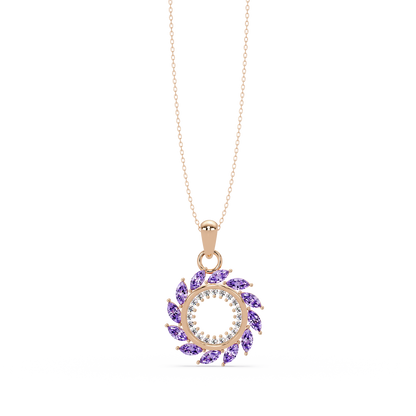1.6 CTW Marquise Sunburst Open Circle Colorstone Pendant Necklace - Amethyst Lavender - 14K Rose Gold