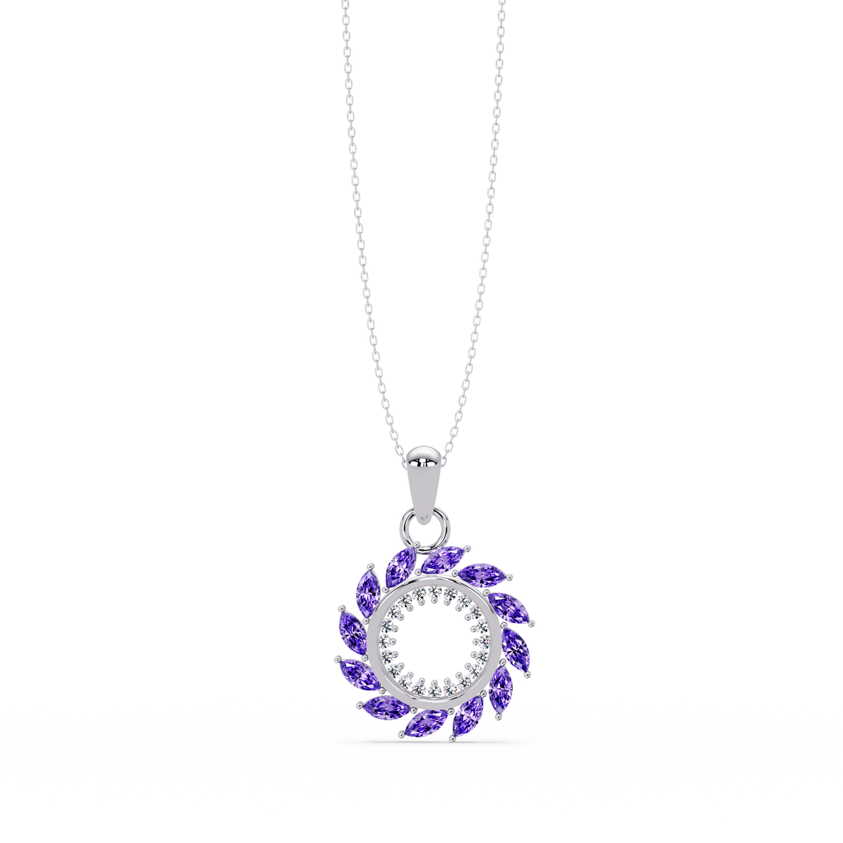 1.6 CTW Marquise Sunburst Open Circle Colorstone Pendant Necklace - Amethyst Lavender - 14K White Gold