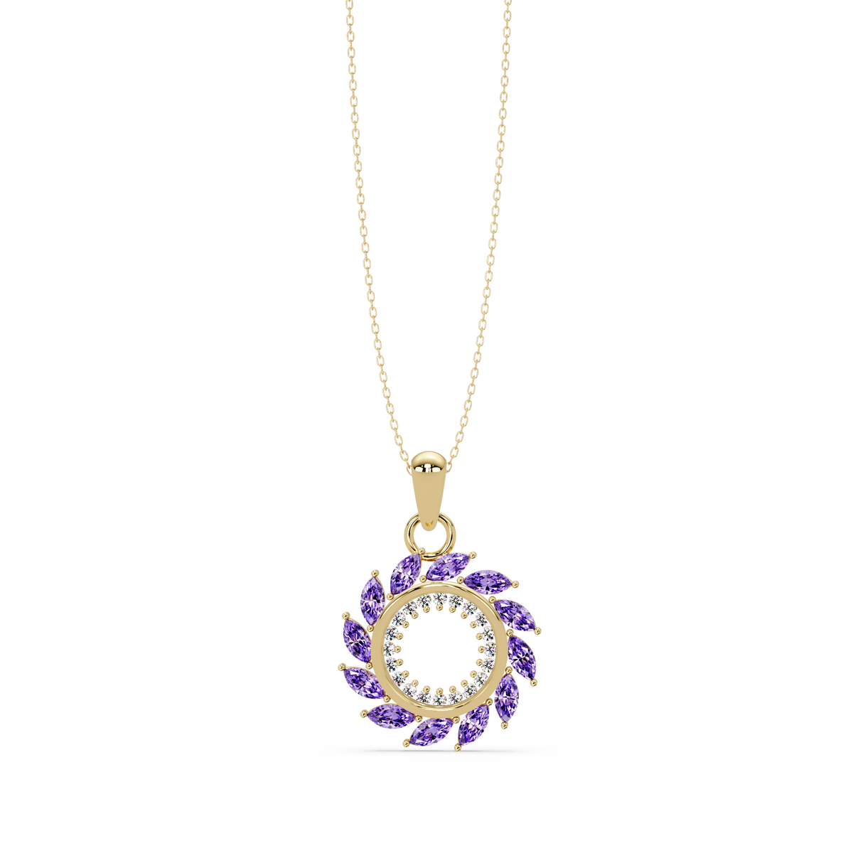 1.6 CTW Marquise Sunburst Open Circle Colorstone Pendant Necklace - Amethyst Lavender - 14K Yellow Gold