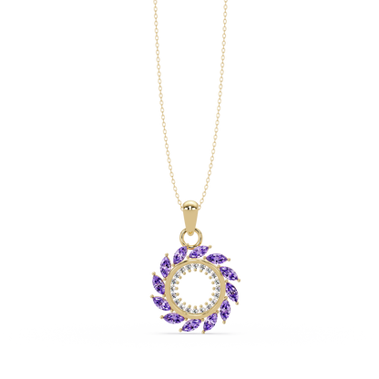 1.6 CTW Marquise Sunburst Open Circle Colorstone Pendant Necklace - Amethyst Lavender - 14K Yellow Gold