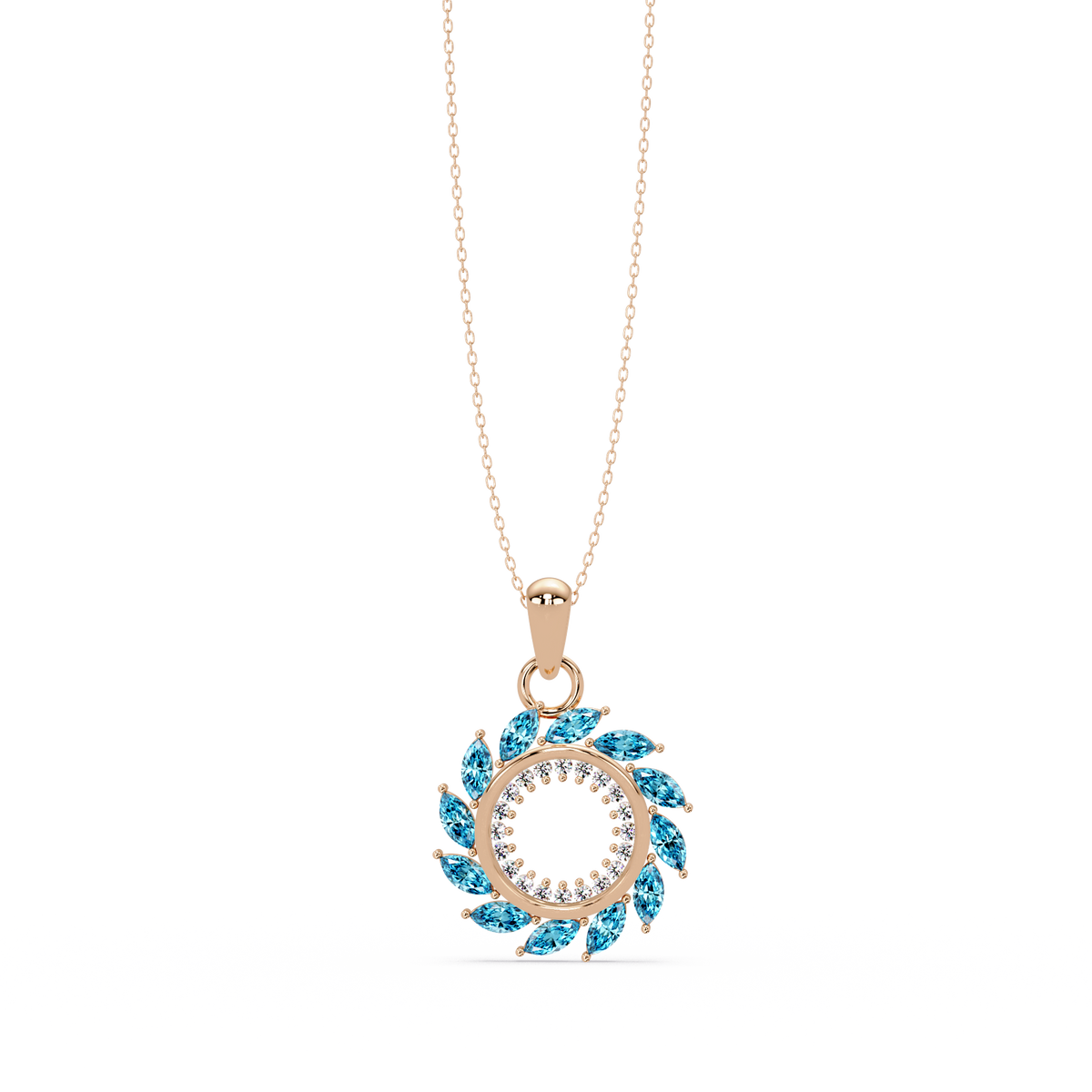 1.6 CTW Marquise Sunburst Open Circle Colorstone Pendant Necklace - Aquamarine Sky Blue - 14K Rose Gold