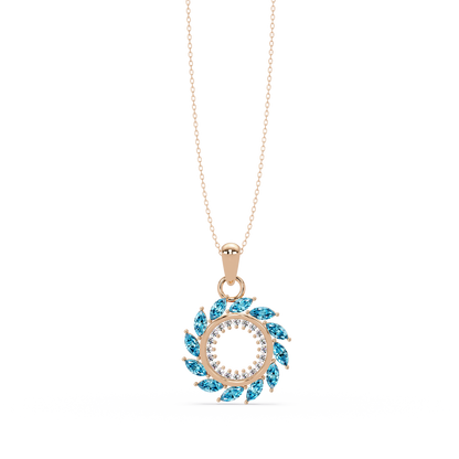 1.6 CTW Marquise Sunburst Open Circle Colorstone Pendant Necklace - Aquamarine Sky Blue - 14K Rose Gold
