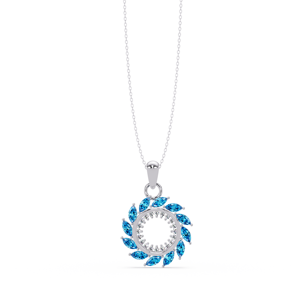 1.6 CTW Marquise Sunburst Open Circle Colorstone Pendant Necklace - Aquamarine Sky Blue - 14K White Gold