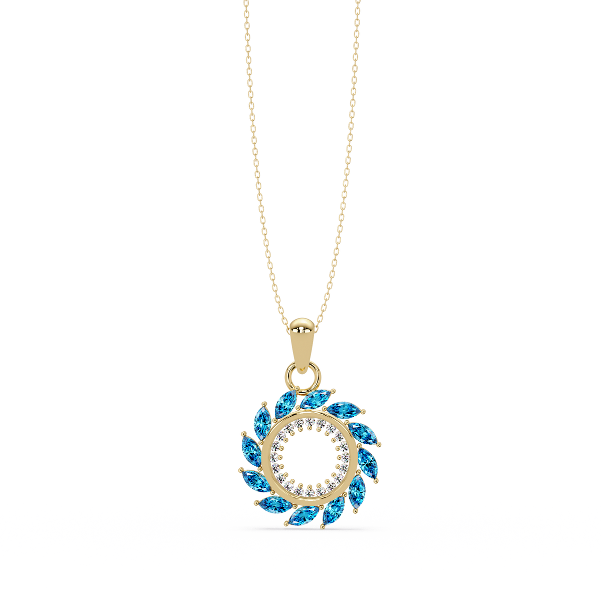 1.6 CTW Marquise Sunburst Open Circle Colorstone Pendant Necklace - Aquamarine Sky Blue - 14K Yellow Gold