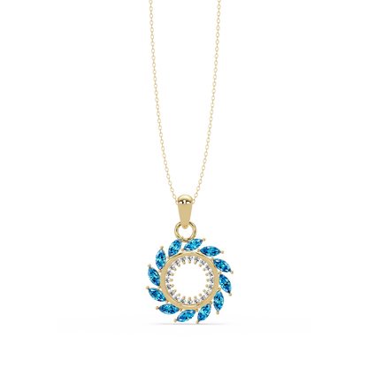 1.6 CTW Marquise Sunburst Open Circle Colorstone Pendant Necklace - Aquamarine Sky Blue - 14K Yellow Gold
