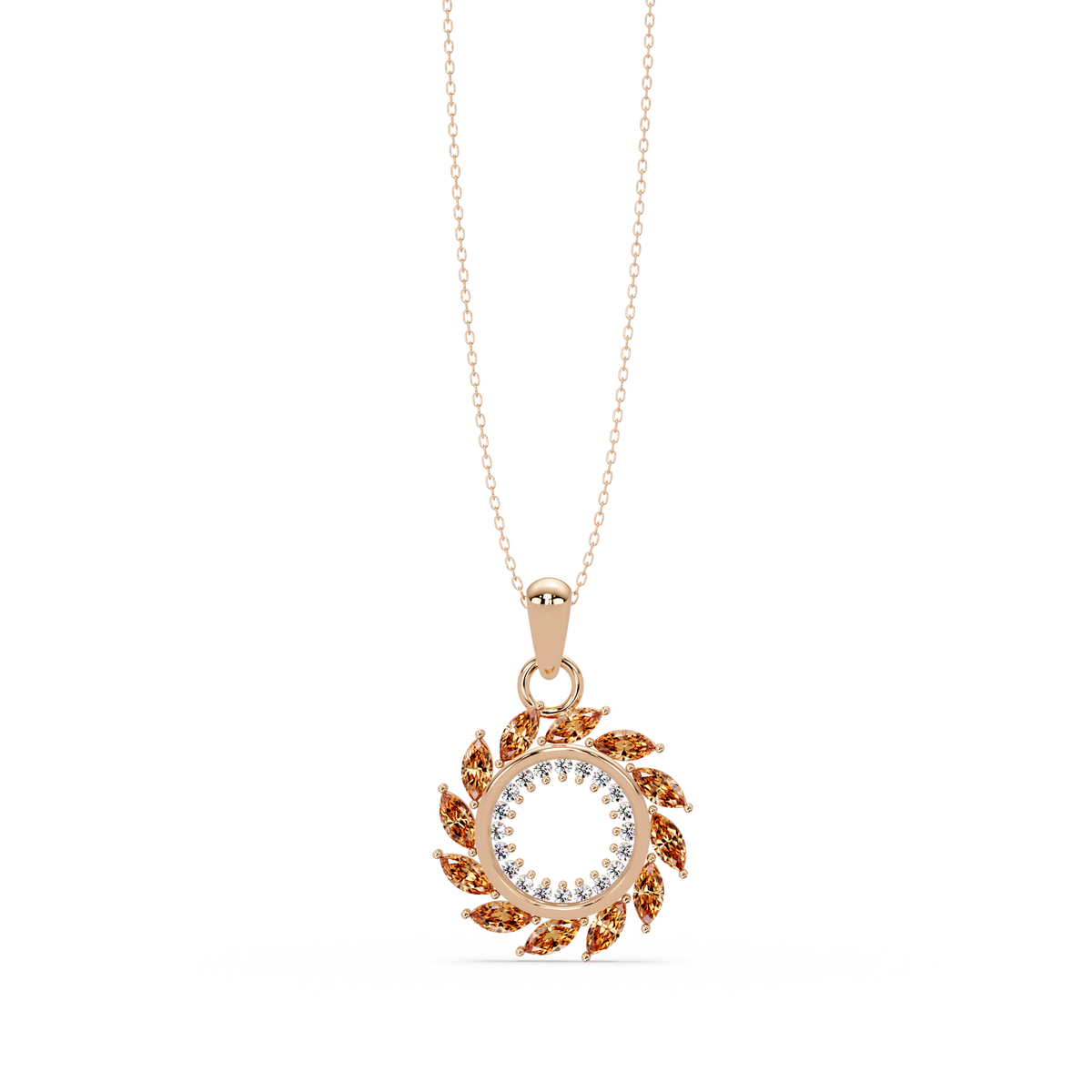 1.6 CTW Marquise Sunburst Open Circle Colorstone Pendant Necklace - Champagne Topaz Amber - 14K Rose Gold