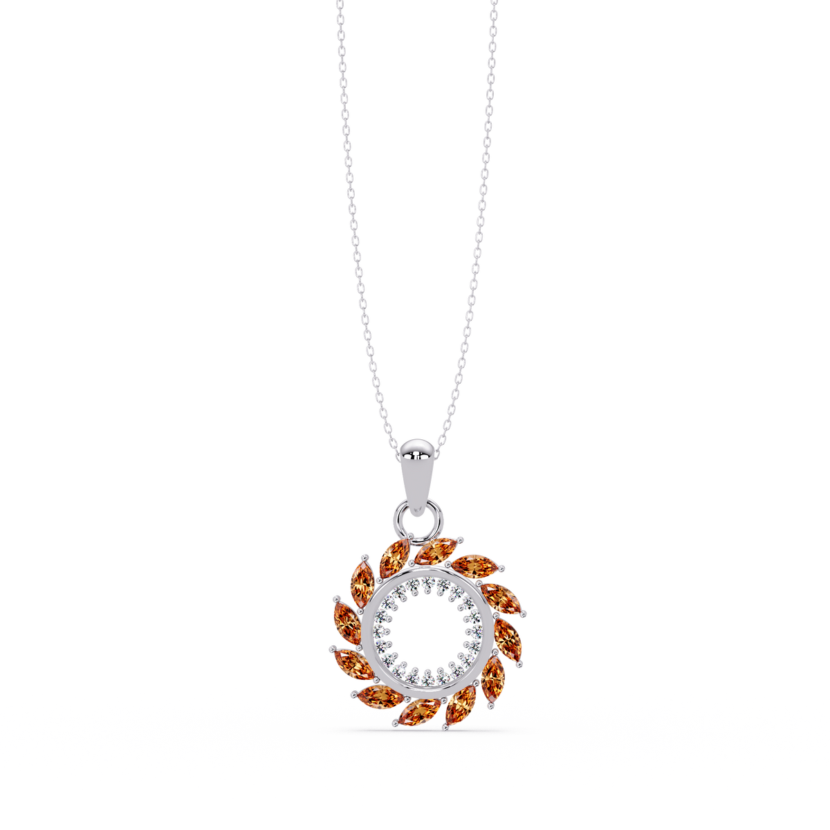 1.6 CTW Marquise Sunburst Open Circle Colorstone Pendant Necklace - Champagne Topaz Amber - 14K White Gold