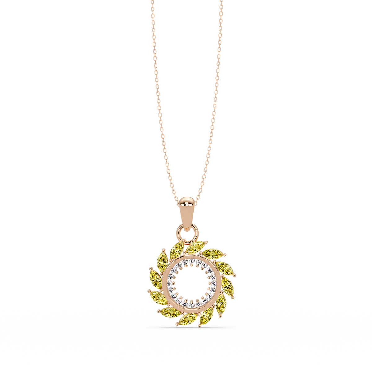 1.6 CTW Marquise Sunburst Open Circle Colorstone Pendant Necklace - Citrine Lemon Yellow - 14K Rose Gold