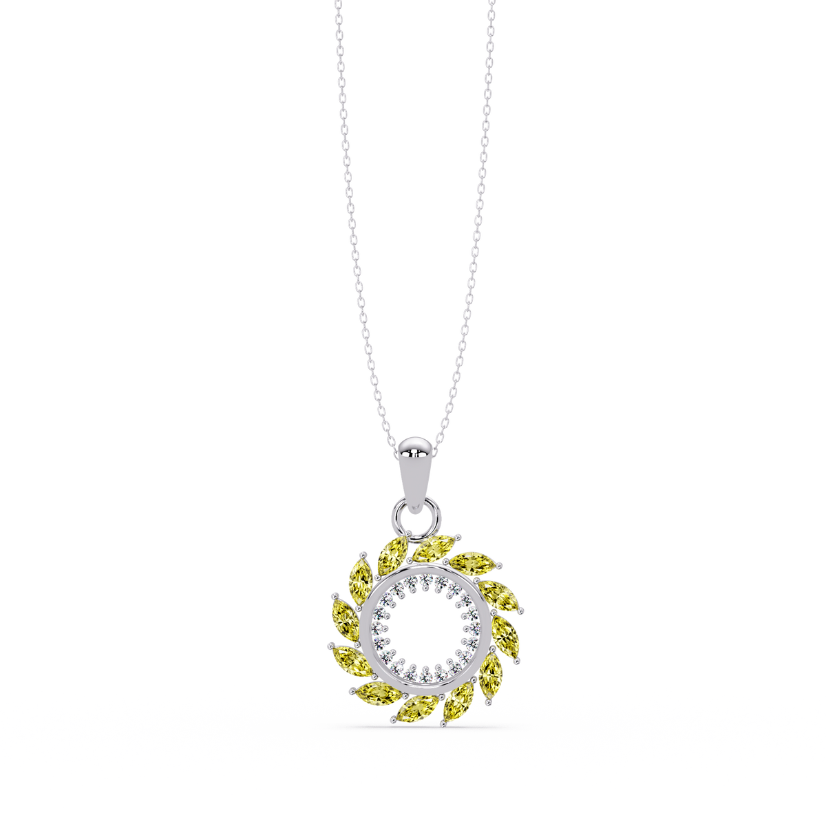 1.6 CTW Marquise Sunburst Open Circle Colorstone Pendant Necklace - Citrine Lemon Yellow - 14K White Gold