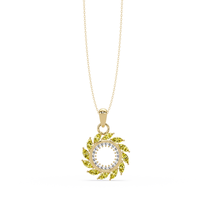 1.6 CTW Marquise Sunburst Open Circle Colorstone Pendant Necklace - Citrine Lemon Yellow - 14K Yellow Gold