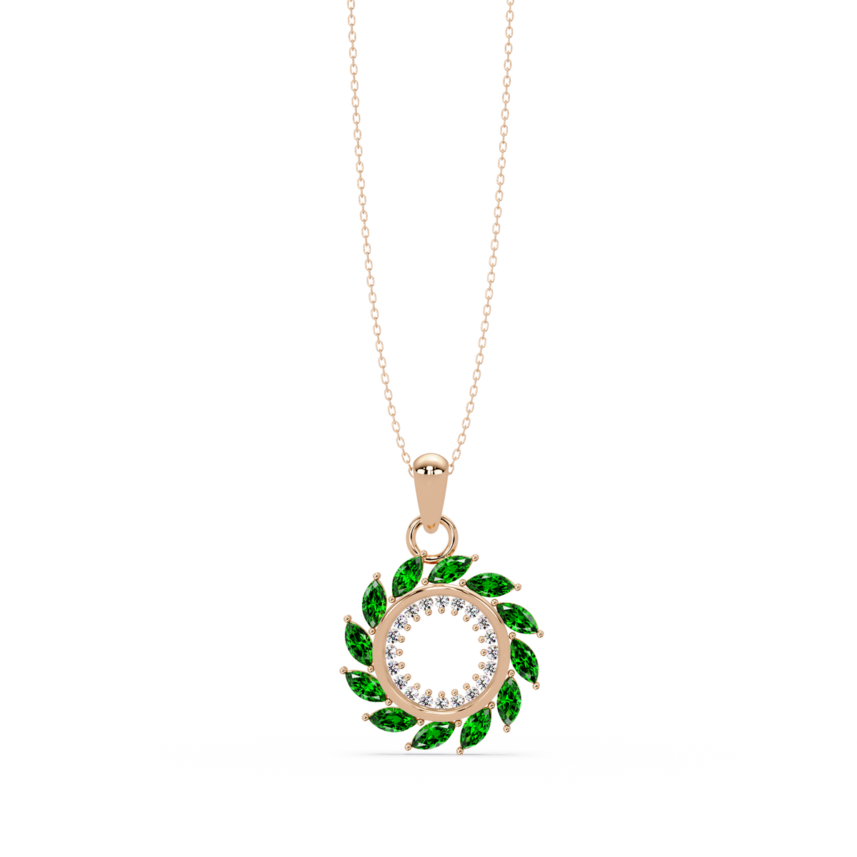 1.6 CTW Marquise Sunburst Open Circle Colorstone Pendant Necklace - Emerald Deep Green - 14K Rose Gold