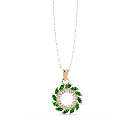 1.6 CTW Marquise Sunburst Open Circle Colorstone Pendant Necklace - Emerald Deep Green - 14K Rose Gold
