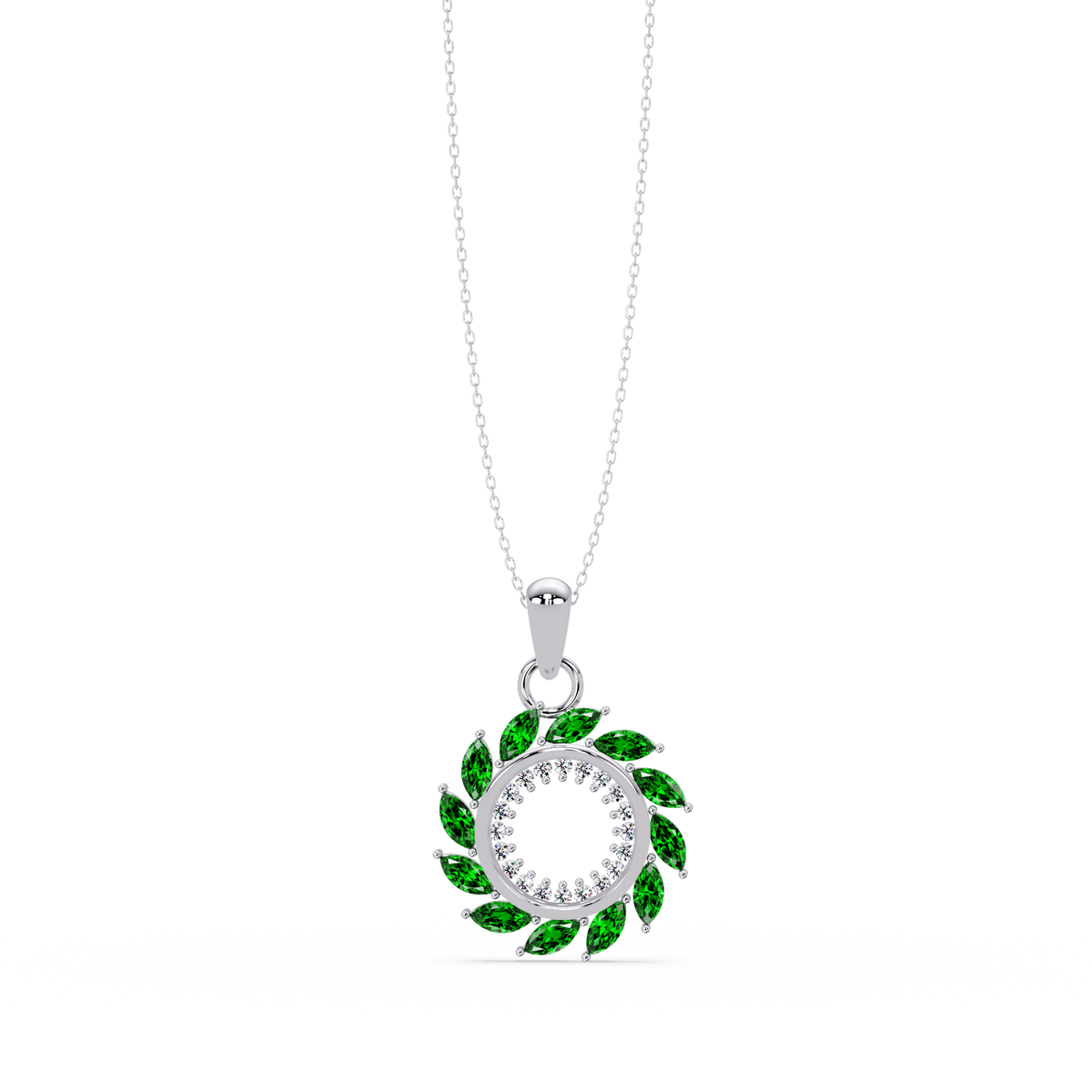 1.6 CTW Marquise Sunburst Open Circle Colorstone Pendant Necklace - Emerald Deep Green - 14K White Gold