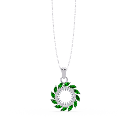 1.6 CTW Marquise Sunburst Open Circle Colorstone Pendant Necklace - Emerald Deep Green - 14K White Gold