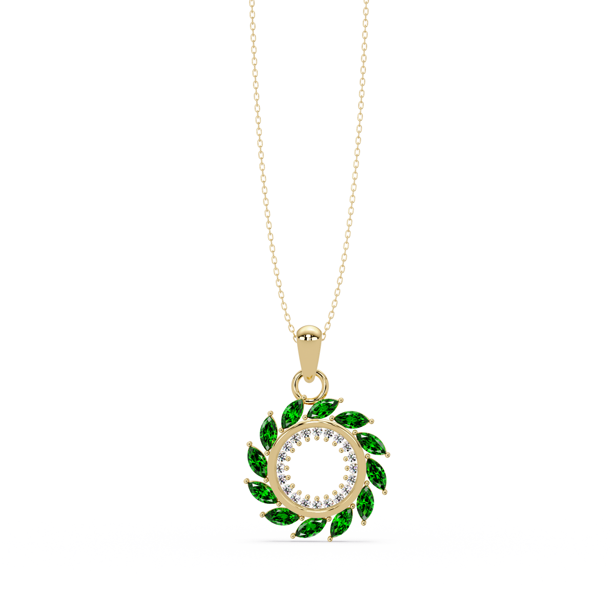 1.6 CTW Marquise Sunburst Open Circle Colorstone Pendant Necklace - Emerald Deep Green - 14K Yellow Gold