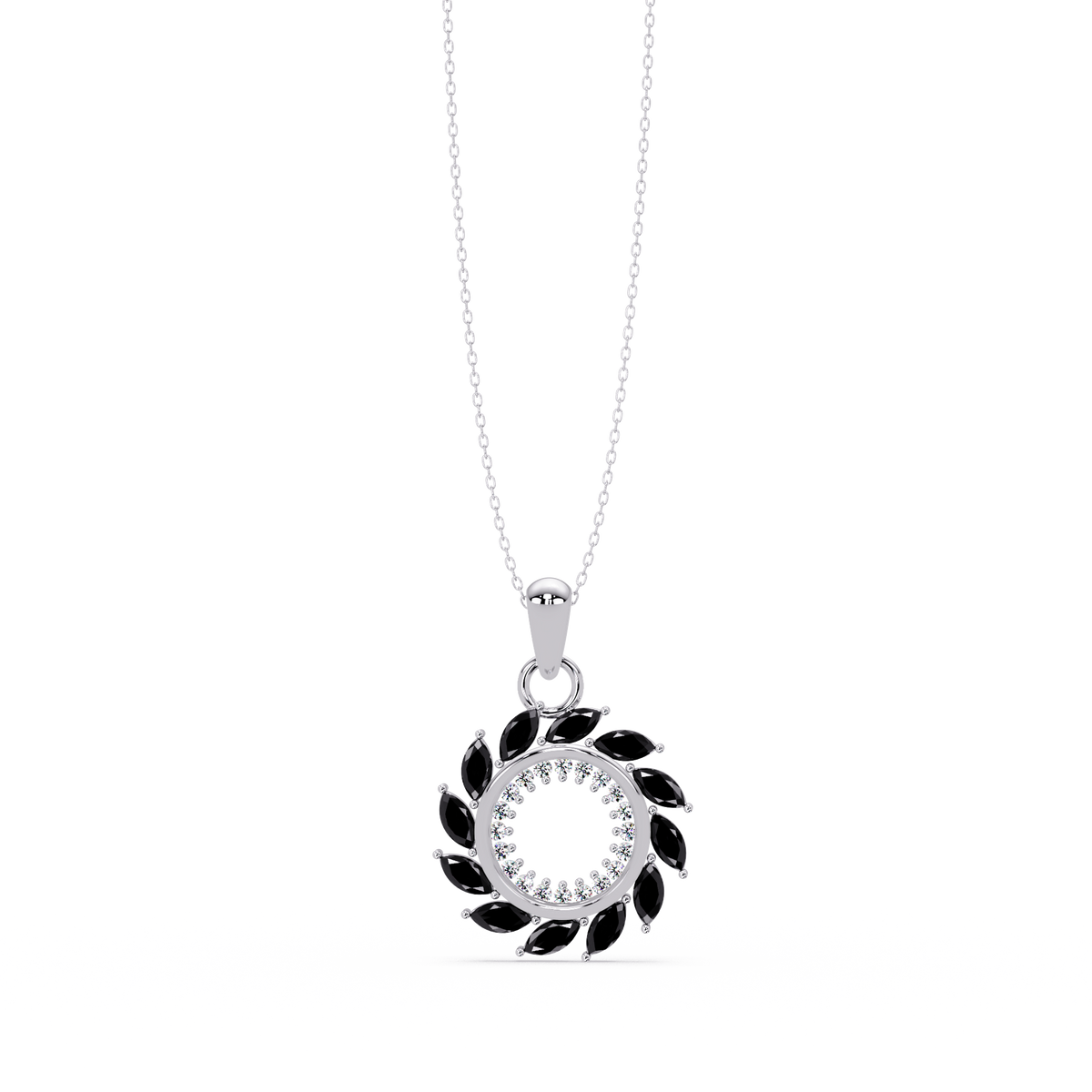 1.6 CTW Marquise Sunburst Open Circle Colorstone Pendant Necklace - Onyx Black - 14K White Gold
